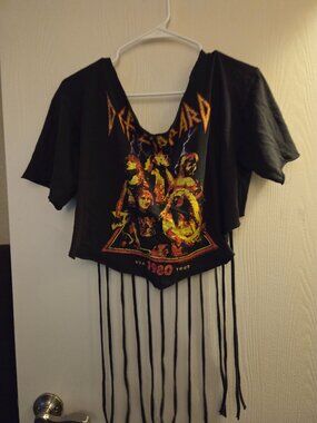 Concert tee handmade with fringes off the shoulder crop top